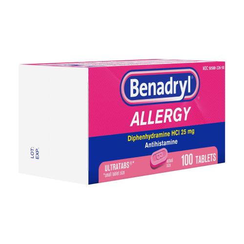 Benadryl Ultratabs Antihistamine Allergy Relief Medicine, Diphenhydramine HCl Tablets, 100 ct
