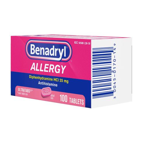 Benadryl Ultratabs Antihistamine Allergy Relief Medicine, Diphenhydramine HCl Tablets, 100 ct