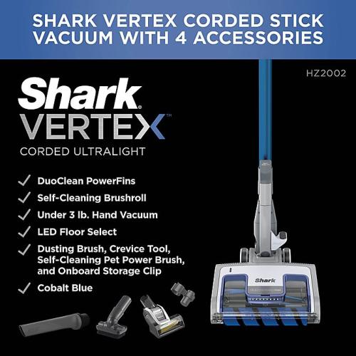 Shark® Vertex™ UltraLight™ DuoClean® PowerFins Corded Stick Vacuum with Self-Cleaning Brushroll, no warranty.