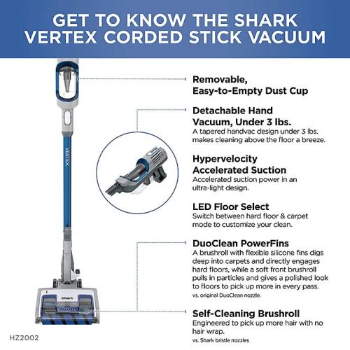 Shark® Vertex™ UltraLight™ DuoClean® PowerFins Corded Stick Vacuum with Self-Cleaning Brushroll, no warranty.