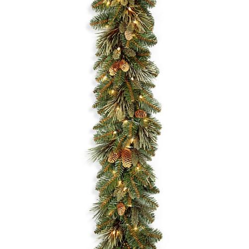 National Tree Company Carolina Pine Garland with 27 Flocked Pine Cones and 100 Clear Lights