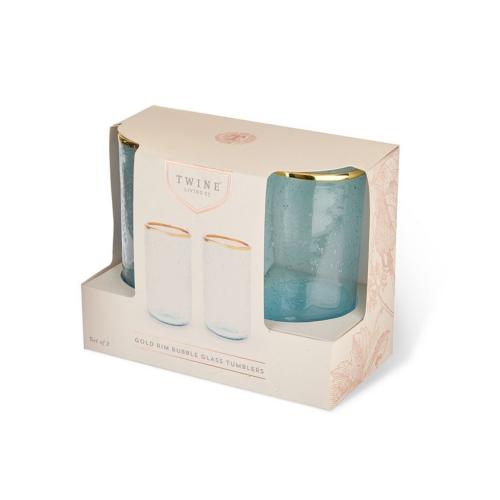 Twine Aqua Bubble Gold Rim Glass Tumblers, Set of 2, 16 Oz - Blue