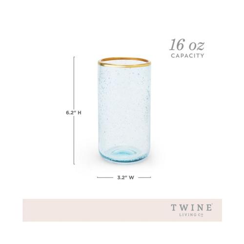 Twine Aqua Bubble Gold Rim Glass Tumblers, Set of 2, 16 Oz - Blue