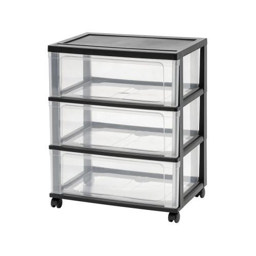 Plastic 3 Drawer Wide Storage Cart with 4 Caster Wheels, Black - Black - ONE SIZE