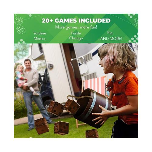 SWOOC - Yardzee, Farkle & 20  Games - Light-Weight Yard Dice Game Set (All Weather) with Wood Bucket, 5 Score Cards, and Marker