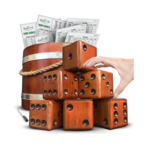 SWOOC - Yardzee, Farkle & 20  Games - Light-Weight Yard Dice Game Set (All Weather) with Wood Bucket, 5 Score Cards, and Marker