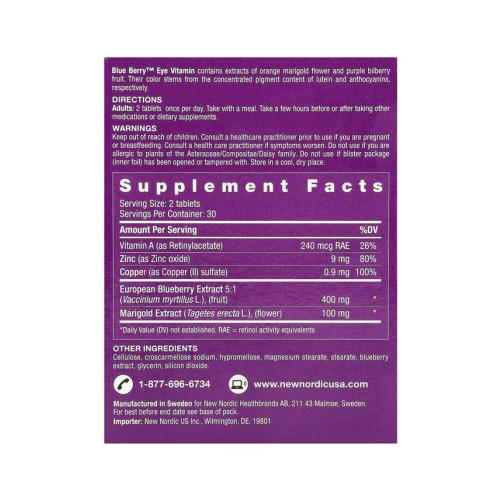 New Nordic Blue Berry Eye Vitamin | Eye & Vision Support Supplement | Lutein & Bilberry | - 60 Count