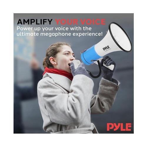 Pyle 50-Watt Portable Megaphone with Siren, MP3 Input, Adjustable Volume, Shoulder Strap, Lightweight White Bullhorn - White