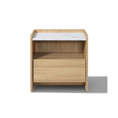 LuxenHome Hazel Oak Nightstand & End Table with Storage, Raised Sides, Faux Marble Top, Durable Manufactured Wood - Brown