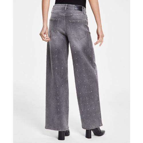 SIZE 25. DKNY Jeans Women's High-Rise Rhinestone Wide-Leg Jeans - Black - 25