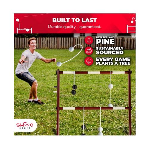 SWOOC Wooden Ladder Ball Game Set (Weather Resistant) - With 10 Games & Carrying Case - Easy, No Tool Asssembly - Yard Games - Brown - Medium
