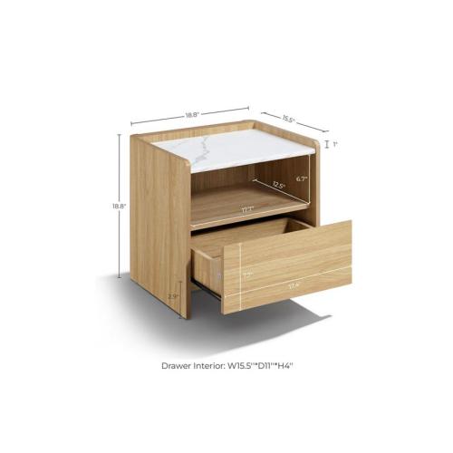 LuxenHome Hazel Oak Nightstand & End Table with Storage, Raised Sides, Faux Marble Top, Durable Manufactured Wood - Brown