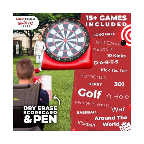 Giant Kick Darts (Over 6 ft. Tall) with Over 15 Games Included - Giant Inflatable Outdoor Dartboard with Soccer Balls - Red - Large