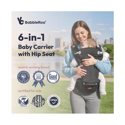 BabbleRoo Kids Carrier 6 in 1 Carrier with Hip Seat, Comfy & Adjustable Kangaroo Rose - Black