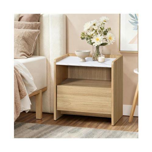 LuxenHome Hazel Oak Nightstand & End Table with Storage, Raised Sides, Faux Marble Top, Durable Manufactured Wood - Brown