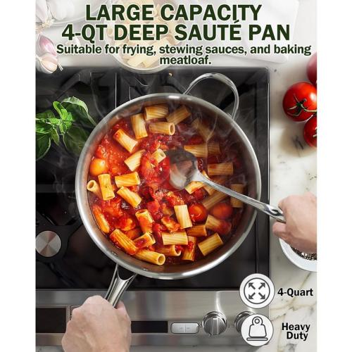 Cooks Standard 4-Quart Stainless Steel Saute Pan with Lid, 10.5-inch Deep Frying Pan Induction Cookware, Oven Safe Large Skillet Jumbo Cooker with Stay-Cool Helper Handle - Silver