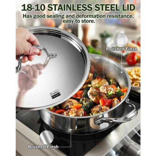 Cooks Standard 4-Quart Stainless Steel Saute Pan with Lid, 10.5-inch Deep Frying Pan Induction Cookware, Oven Safe Large Skillet Jumbo Cooker with Stay-Cool Helper Handle - Silver