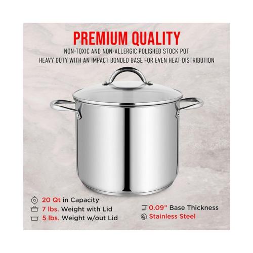 Bakken-Swiss Deluxe 20-Quart Stainless Steel Stockpot w/Tempered Glass See-Through Lid - Simmering Delicious Soups Stews & Induction Cooking - Exceptional Heat Distribution - Heavy-Duty & Food-Grade - Silver - 12