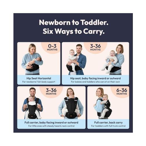 BabbleRoo Kids Carrier 6 in 1 Carrier with Hip Seat, Comfy & Adjustable Kangaroo Rose - Black