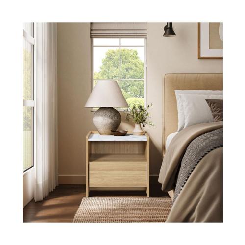 LuxenHome Hazel Oak Nightstand & End Table with Storage, Raised Sides, Faux Marble Top, Durable Manufactured Wood - Brown