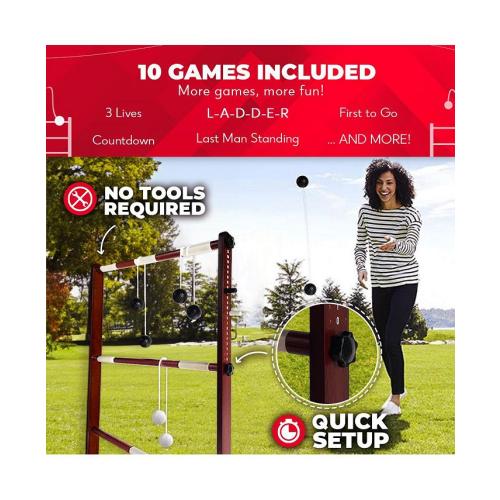 SWOOC Wooden Ladder Ball Game Set (Weather Resistant) - With 10 Games & Carrying Case - Easy, No Tool Asssembly - Yard Games - Brown - Medium
