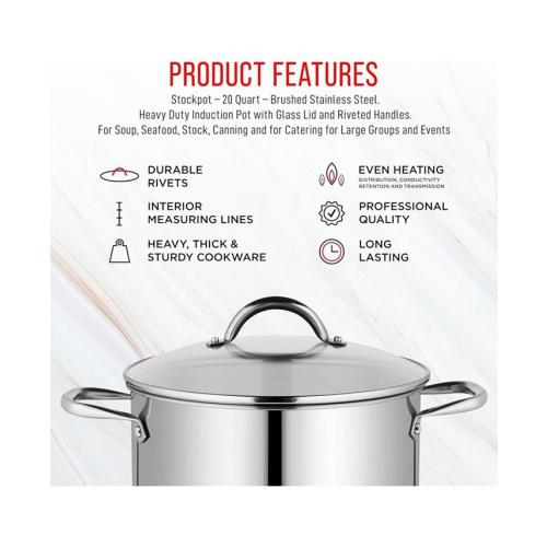 Bakken-Swiss Deluxe 20-Quart Stainless Steel Stockpot w/Tempered Glass See-Through Lid - Simmering Delicious Soups Stews & Induction Cooking - Exceptional Heat Distribution - Heavy-Duty & Food-Grade - Silver - 12