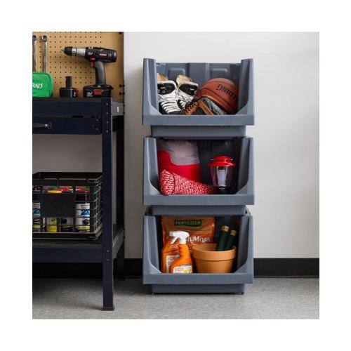 IRIS USA Medium Stackable Storage Bins Open Front, Heavy Duty Garage Organization, Gray 3Pack