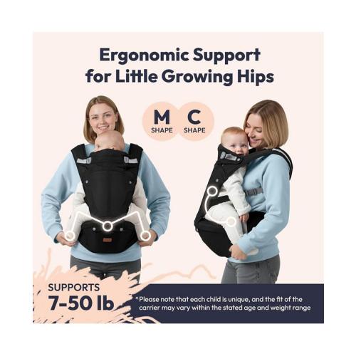 BabbleRoo Kids Carrier 6 in 1 Carrier with Hip Seat, Comfy & Adjustable Kangaroo Rose - Black