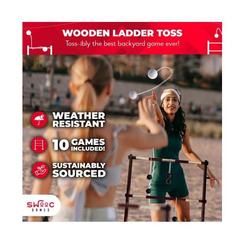 SWOOC Wooden Ladder Ball Game Set (Weather Resistant) - With 10 Games & Carrying Case - Easy, No Tool Asssembly - Yard Games - Brown - Medium
