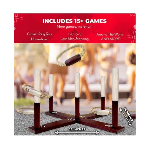 SWOOC Rustic Ring Toss Outdoor Game (All Weather) - 15  Games Included - Vintage Wood & Rope Ring Toss Yard Game - Toss Game - Brown - Medium