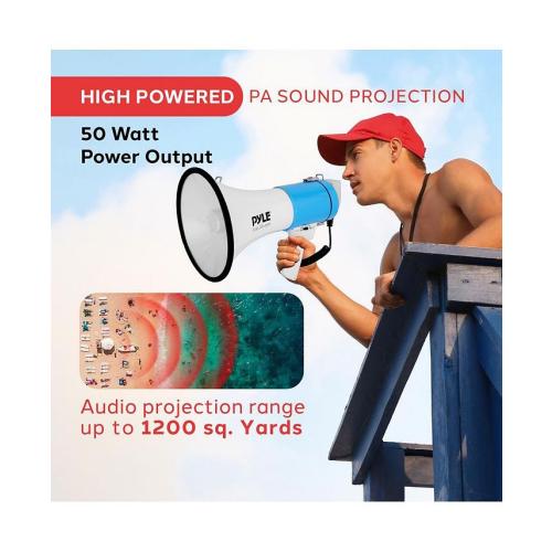 Pyle 50-Watt Portable Megaphone with Siren, MP3 Input, Adjustable Volume, Shoulder Strap, Lightweight White Bullhorn - White