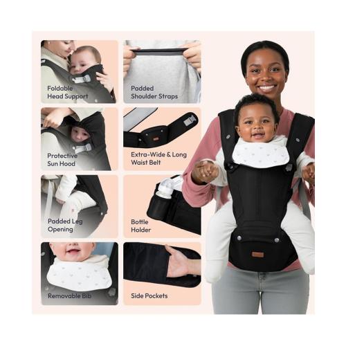 BabbleRoo Kids Carrier 6 in 1 Carrier with Hip Seat, Comfy & Adjustable Kangaroo Rose - Black