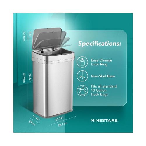 Ninestars Nova Series 13 Gallon Odor Elimating Automatic Kitchen Trash Can - Silver