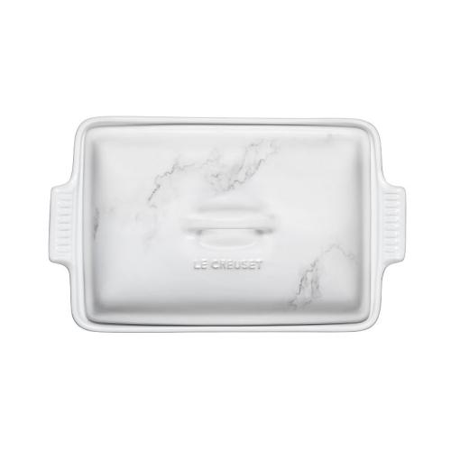Le Creuset 4 Quart Stoneware Covered Rectangular Casserole with Marble Applique - White - 4.5 Quart