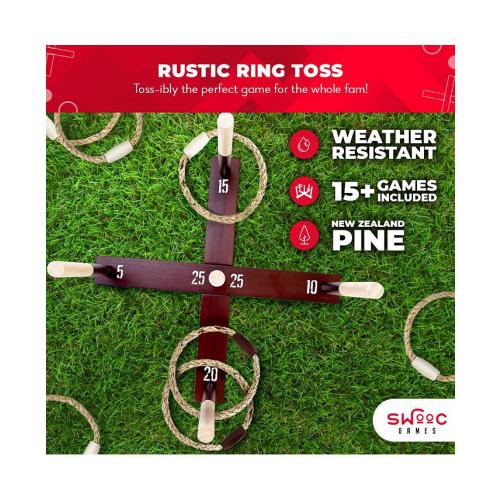 SWOOC Rustic Ring Toss Outdoor Game (All Weather) - 15  Games Included - Vintage Wood & Rope Ring Toss Yard Game - Toss Game - Brown - Medium