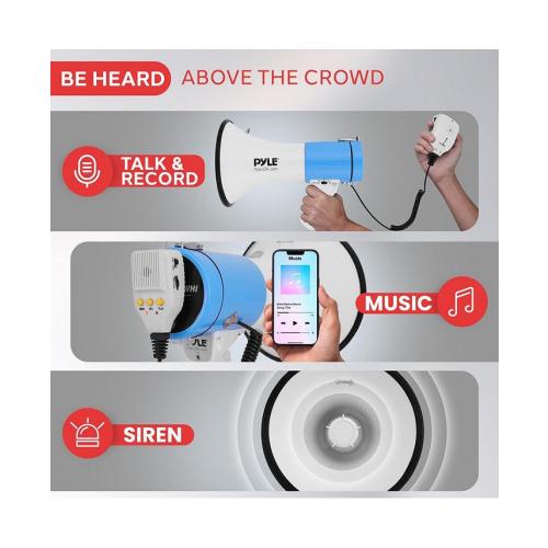 Pyle 50-Watt Portable Megaphone with Siren, MP3 Input, Adjustable Volume, Shoulder Strap, Lightweight White Bullhorn - White