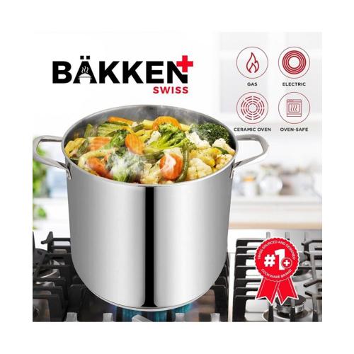 Bakken-Swiss Deluxe 20-Quart Stainless Steel Stockpot w/Tempered Glass See-Through Lid - Simmering Delicious Soups Stews & Induction Cooking - Exceptional Heat Distribution - Heavy-Duty & Food-Grade - Silver - 12