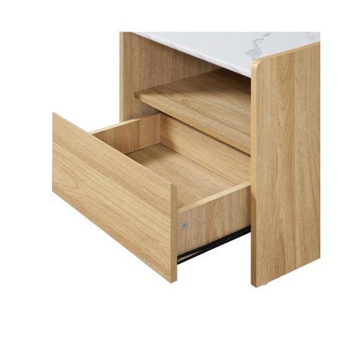 LuxenHome Hazel Oak Nightstand & End Table with Storage, Raised Sides, Faux Marble Top, Durable Manufactured Wood - Brown