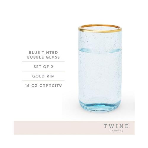 Twine Aqua Bubble Gold Rim Glass Tumblers, Set of 2, 16 Oz - Blue