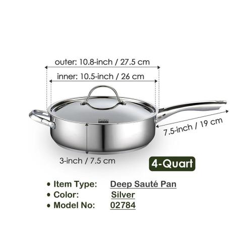 Cooks Standard 4-Quart Stainless Steel Saute Pan with Lid, 10.5-inch Deep Frying Pan Induction Cookware, Oven Safe Large Skillet Jumbo Cooker with Stay-Cool Helper Handle - Silver