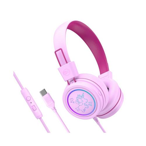 MEE audio KidJamz KJ55 Safe Listening USB-C Headphones for Kids w/ LED Lights - Pink