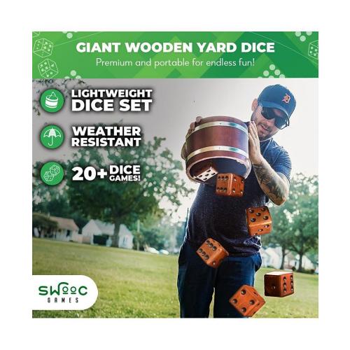 SWOOC - Yardzee, Farkle & 20  Games - Light-Weight Yard Dice Game Set (All Weather) with Wood Bucket, 5 Score Cards, and Marker
