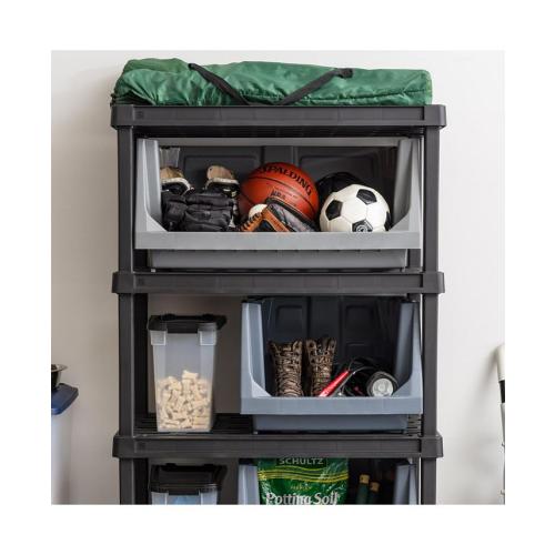 IRIS USA Medium Stackable Storage Bins Open Front, Heavy Duty Garage Organization, Gray 3Pack