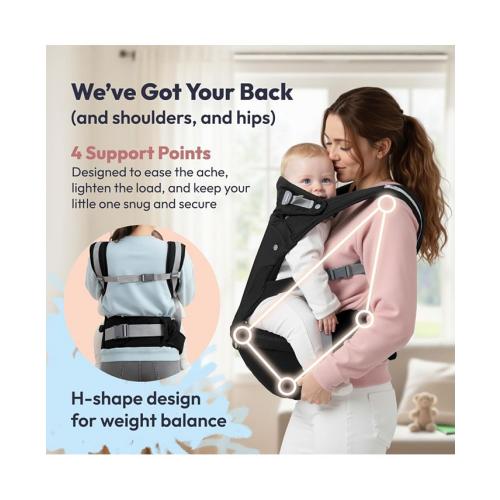 BabbleRoo Kids Carrier 6 in 1 Carrier with Hip Seat, Comfy & Adjustable Kangaroo Rose - Black