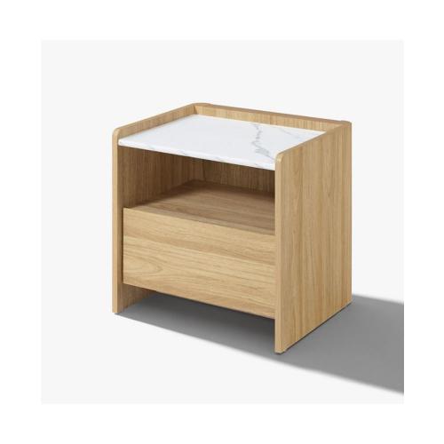 LuxenHome Hazel Oak Nightstand & End Table with Storage, Raised Sides, Faux Marble Top, Durable Manufactured Wood - Brown