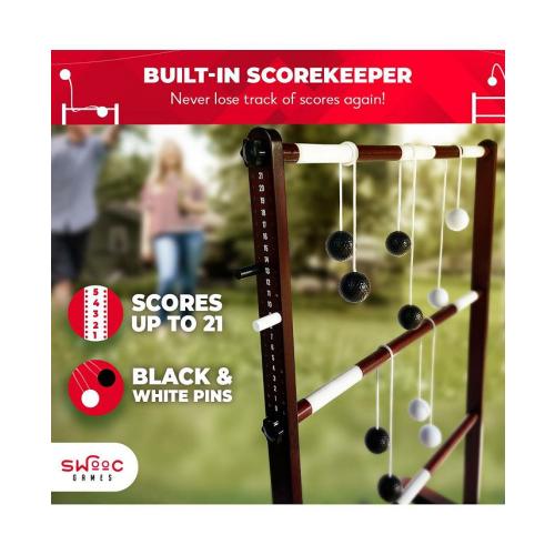 SWOOC Wooden Ladder Ball Game Set (Weather Resistant) - With 10 Games & Carrying Case - Easy, No Tool Asssembly - Yard Games - Brown - Medium