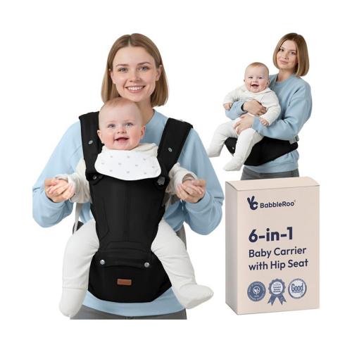 BabbleRoo Kids Carrier 6 in 1 Carrier with Hip Seat, Comfy & Adjustable Kangaroo Rose - Black