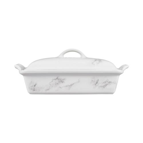 Le Creuset 4 Quart Stoneware Covered Rectangular Casserole with Marble Applique - White - 4.5 Quart