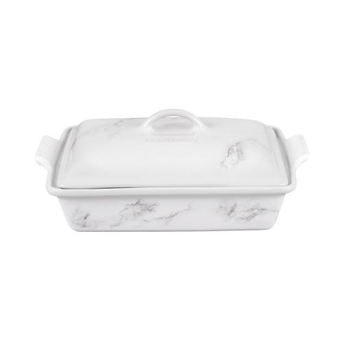 Le Creuset 4 Quart Stoneware Covered Rectangular Casserole with Marble Applique - White - 4.5 Quart