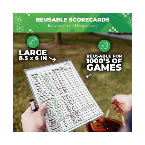 SWOOC - Yardzee, Farkle & 20  Games - Light-Weight Yard Dice Game Set (All Weather) with Wood Bucket, 5 Score Cards, and Marker